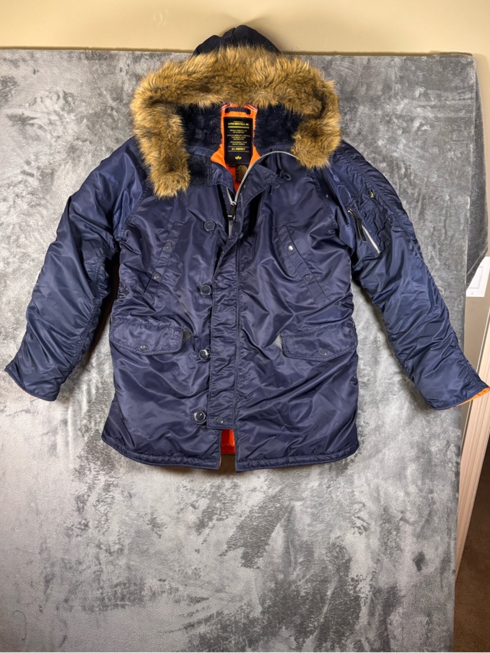 Alpha Industries Parka N-3B Slim Fit Size XXL Navy Blue and Orange